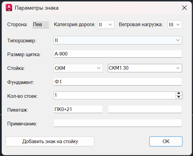 Параметры одиночного знака